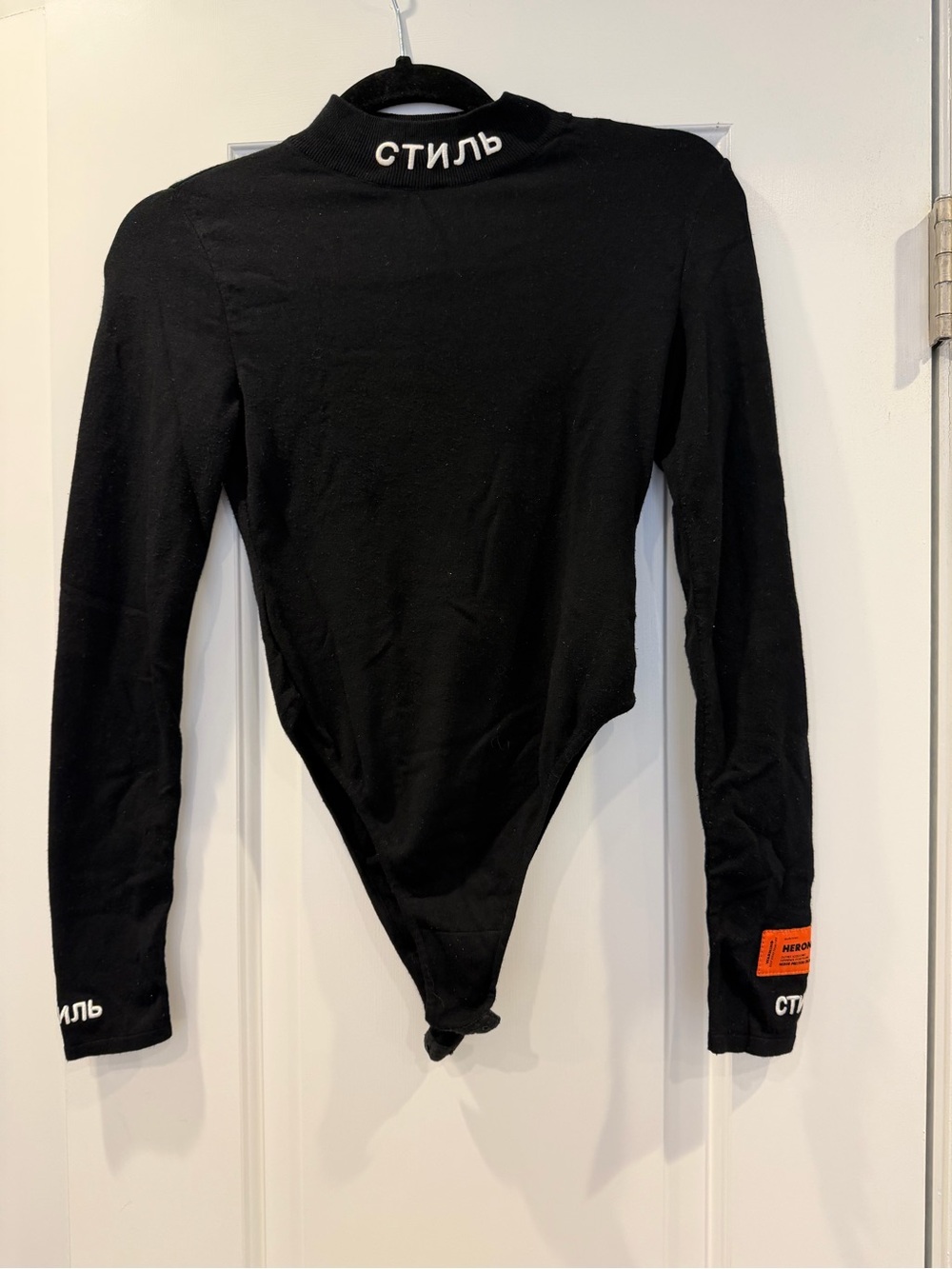 Heron Preston Black Long-Sleeve Turtleneck Bodysuit with Cyrillic Neckline